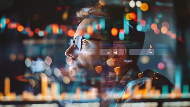 A man with glasses is looking at a computer screen with a lot of numbers and graphs. Concept of focus and concentration as the man studies the data