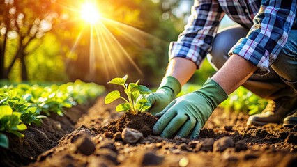Naklejka premium Gardener wearing gloves planting seedlings in rich soil in a sunlit garden , gardening, gardener, gloves, planting