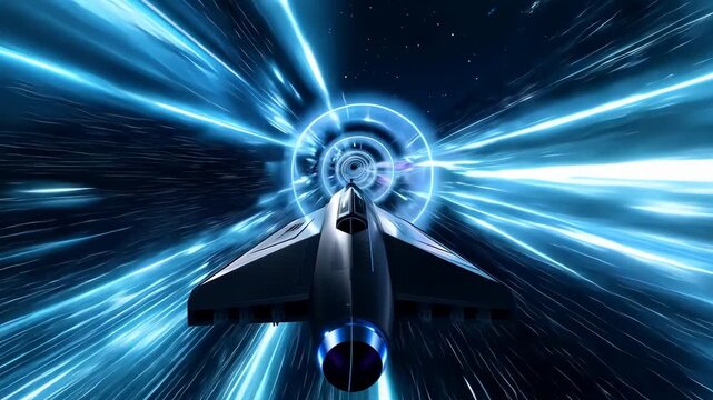 Spacecraft traveling through a warp tunnel, high