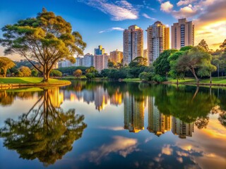 Fototapeta premium Serene Park Barigui at dawn, Curitiba, Parana State, Brazil, features a tranquil lake with mirror-like reflection, surrounded by lush greenery and towering trees.