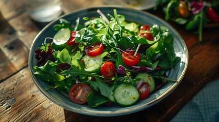 photography of a fresh salad with mixed greens and vegetables 