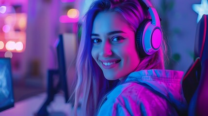 Fototapeta premium Smiling Gamer Girl with Headphones in Neon Lights