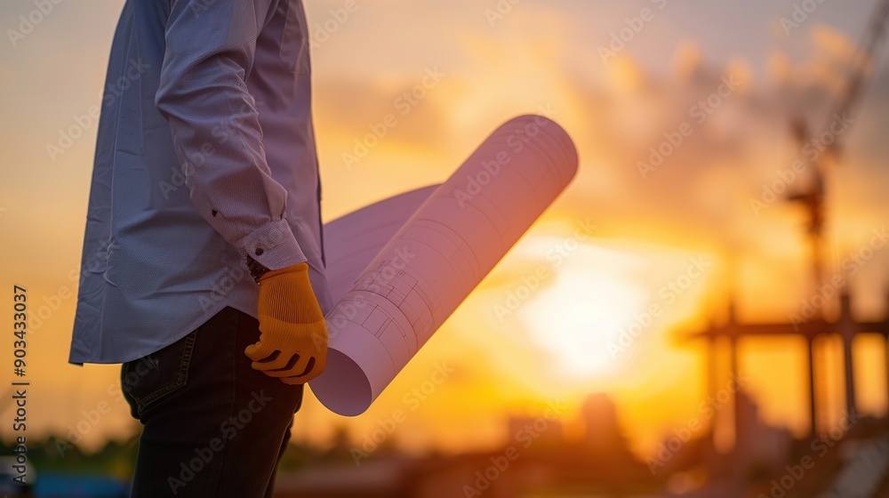 Poster civil architect engineer inspecting and working outdoors structure building site with blueprints. en
