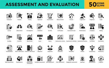 Assessment and Evaluation icon set with evaluation, analysis, testing, appraisal, examination, measurement, review, judgement, diagnosis, audit. Simple glyph vector 
