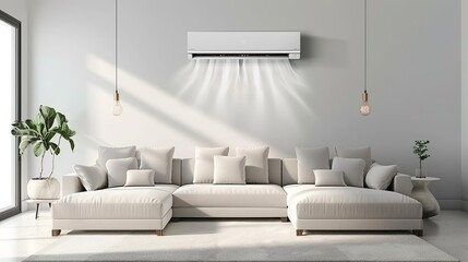 Modern living room with comfortable couch and active air conditioner, providing a cozy and stylish atmosphere. copy space for text.