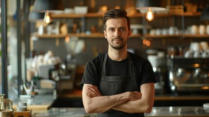 Portrait of a handsome barista in black t-shirt and apron standing at the bar of the modern cafe. copy space. copy space for text.