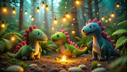 Naklejka premium Cute crochet dinosaurs in a prehistoric jungle lit by fireflies, crochet, dinosaurs, cute, happy, prehistoric, jungle, fireflies