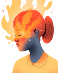 Surreal illustration of girl with emotional fire in her head