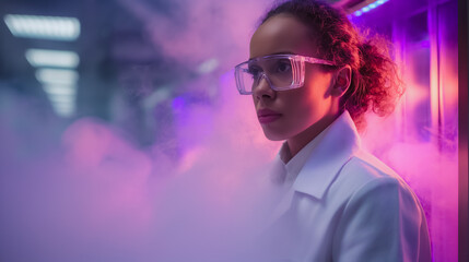 A woman wearing a white lab coat and goggles stands in front of a cloud of smoke. The smoke is purple and the woman is looking at it. Concept of mystery and intrigue