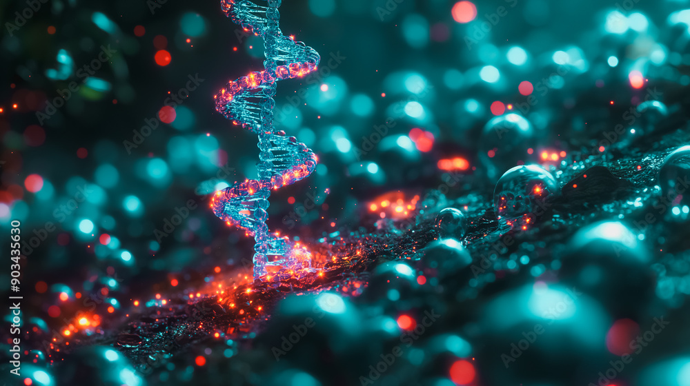 Poster advanced 3d rendering of a gene editing instrument with a dna strand, representing the forefront of 
