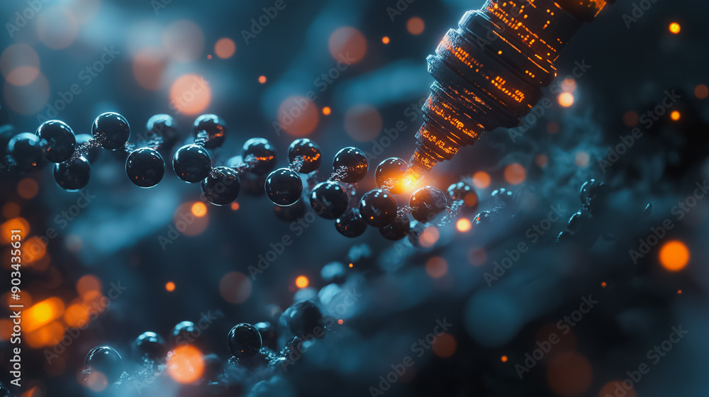 Poster high-quality 3d render of a gene editing tool working on a dna strand, emphasizing the precision and