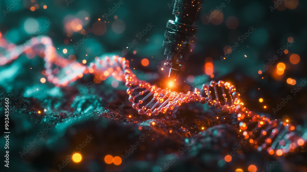 Aufkleber high-quality 3d render of a gene editing tool working on a dna strand, emphasizing the precision and