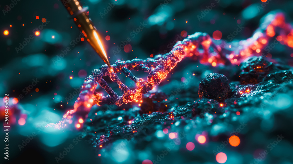 Poster high-quality 3d render of a gene editing tool working on a dna strand, emphasizing the precision and