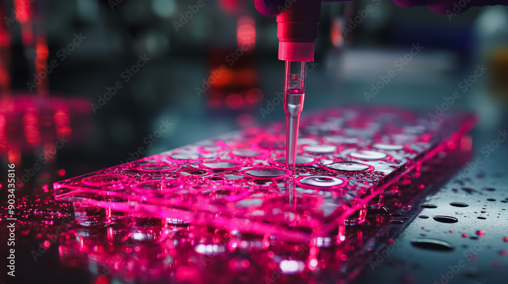 Poster biotechnology lab scene with a focus on pipetting samples into a micro well plate, emphasizing the i