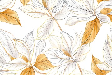 A pattern with a cartoonistic illustration of a white and gold leaves white background. Thick cartoon
