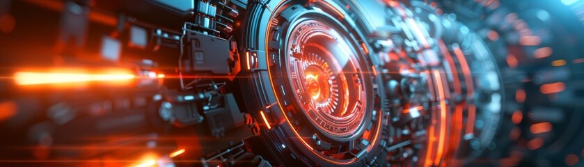 Fototapeta premium Futuristic sci-fi technology background with glowing red and blue lights, close-up of a complex mechanical structure.