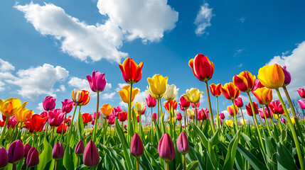 Fototapeta premium A vibrant field of colorful tulips in full bloom, stretching out under a bright blue sky with fluffy white clouds 