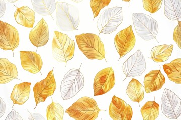 Obraz premium A pattern with a cartoonistic illustration of a white and gold leaves white background. Thick cartoon