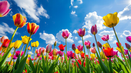 Fototapeta premium A vibrant field of colorful tulips in full bloom, stretching out under a bright blue sky with fluffy white clouds 
