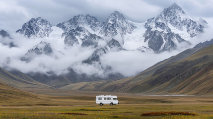 Camper van in a serene valley with majestic snow-capped mountains.