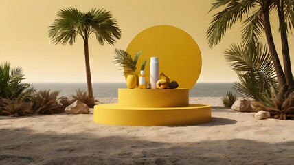 Obraz premium Yellow podium product background 3d summer display platform