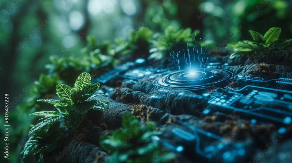 Poster high-tech device seamlessly blending with tree bark, illustrating advancements in biotechnology and 