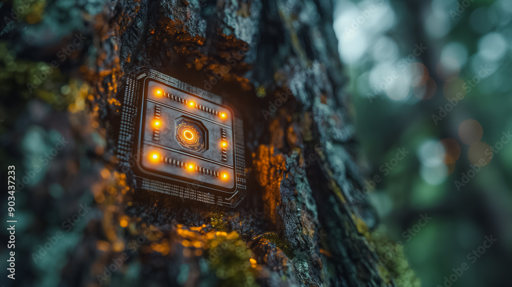 Poster futuristic high-tech device embedded into tree bark, emphasizing cutting-edge biotechnology and envi