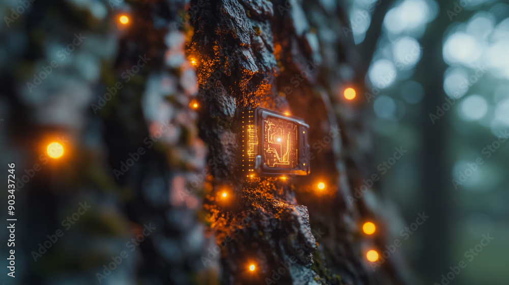 Poster futuristic high-tech device embedded into tree bark, emphasizing cutting-edge biotechnology and envi