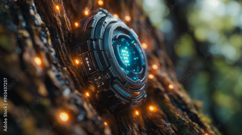 Poster Advanced biotechnology represented by a high-tech device embedded in the bark of a tree, highlighting seamless integration with nature.