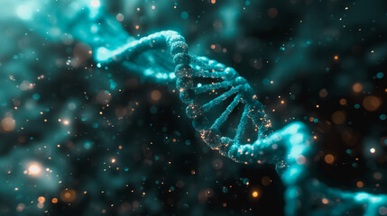Digital concept with a blue DNA helix and gene background, illustrating the intersection of biotechnology, medical science, and genetic research.