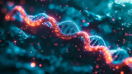 Abstract molecular design featuring a DNA helix and gene technology, emphasizing biotechnology, medical advancements, and genetic research in a blue 3D environment.