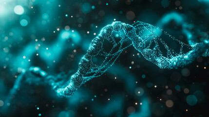 3D background with a blue DNA helix and gene structure, representing genetic science, biotechnology, and medical research in a futuristic, digital setting.