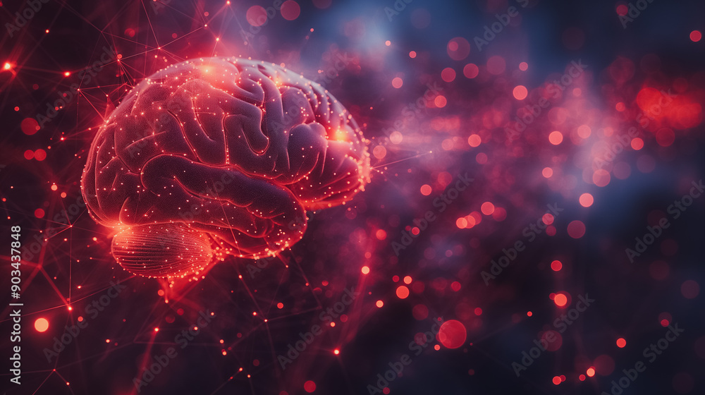 Poster artificial intelligence brain with a computing system, neurons, and neural networks, illustrating th