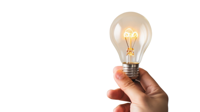 Hand holding light bulb on transparent background