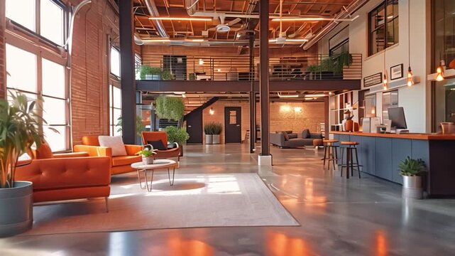 This contemporary workspace with comfortable seating and greenery throughout.