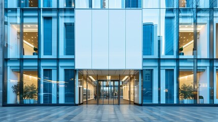 Modern building facade with blank billboard, glass windows, and clean design.