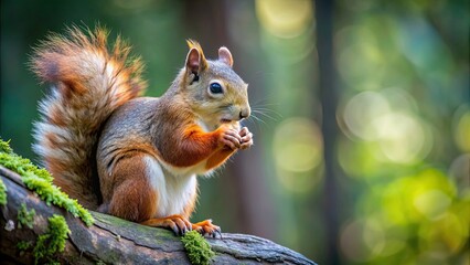 Obraz premium A squirrel eating a nut on a tree branch in a forest , wildlife, nature, rodent, bushy tail, cute, furry, foraging, woodland