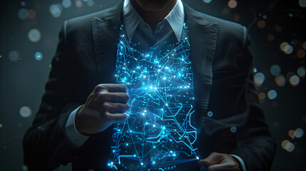Businessman holding digital network projection, dark background.