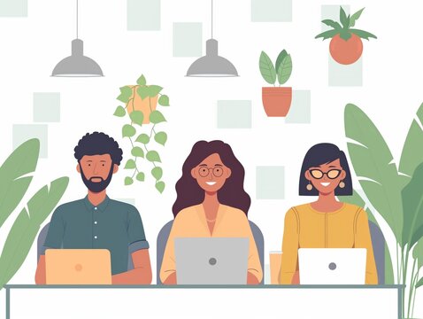 Colleagues communicating effectively in an office setting, with open dialogues, collaborative tools, and a supportive environment