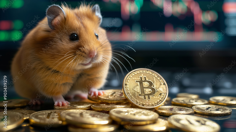 Poster hamster with bitcoin coins in front of a stock market graph on a screen.