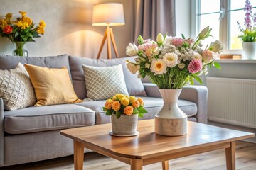 Cozy living room with a comfortable gray sofa, a beautiful pot of fresh flowers on a side table, and a warm, inviting atmosphere.