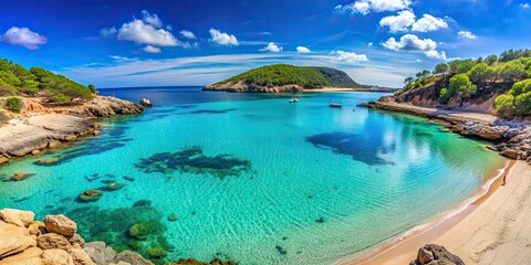 Obraz premium Beautiful beach of Cala Tarida with turquoise waters and white sand, Cala Tarida, Ibiza, beach
