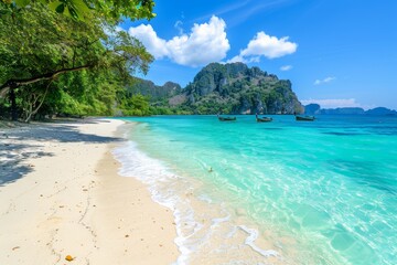 Fototapeta premium Tranquil Tropical Beach Scene with Crystal Clear Water