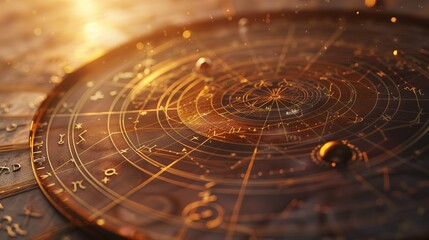 Close-up of a Golden Celestial Chart with Zodiac Signs and Stars