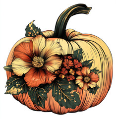 illustration of a pumpkin, pumpkin and flowers, pumpkin on a white, pumpkin with flowers, pumpkin with leaves, pumpkin, vector pumpkin