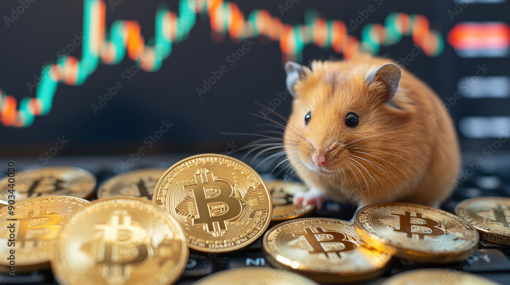 Aufkleber hamster with bitcoin coins in front of a trading chart background.