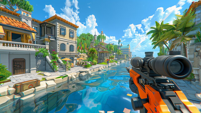 First-person shooter gameplay scene in a vibrant coastal town.