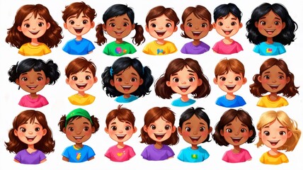Cheerful Cartoon Children Characters Smiling in Colorful Outfits Illustration - Diverse and Happy Faces of Kids