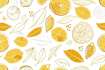 A pattern with a cartoonistic illustration of a white and gold leaves white background. Thick cartoon