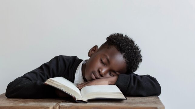 African American Child Resting on Open Book, calm atmosphere, serene scene
